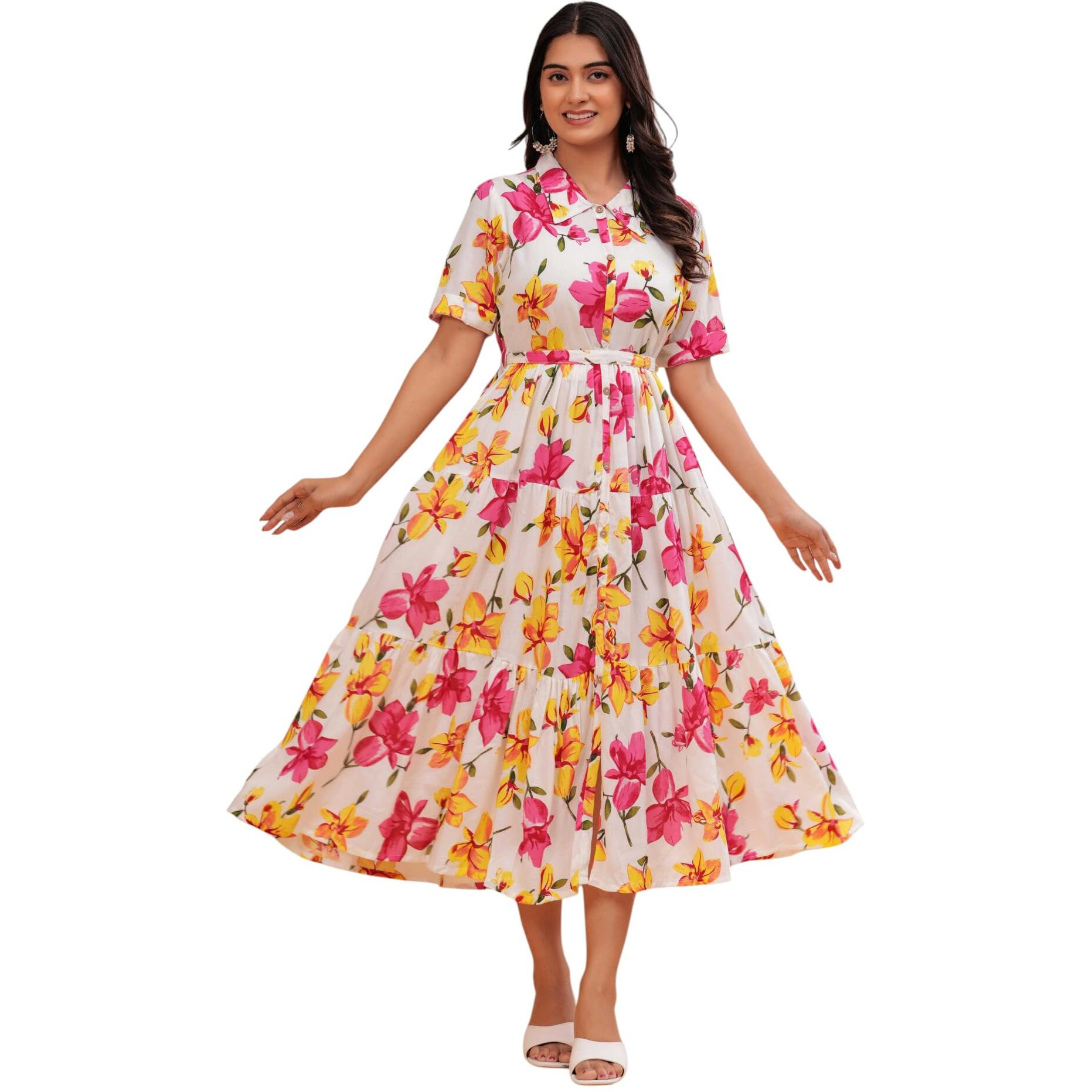 Jikonet Women's Western Dress Floral Printed Cotton Maxi Dress, (Medium, White)