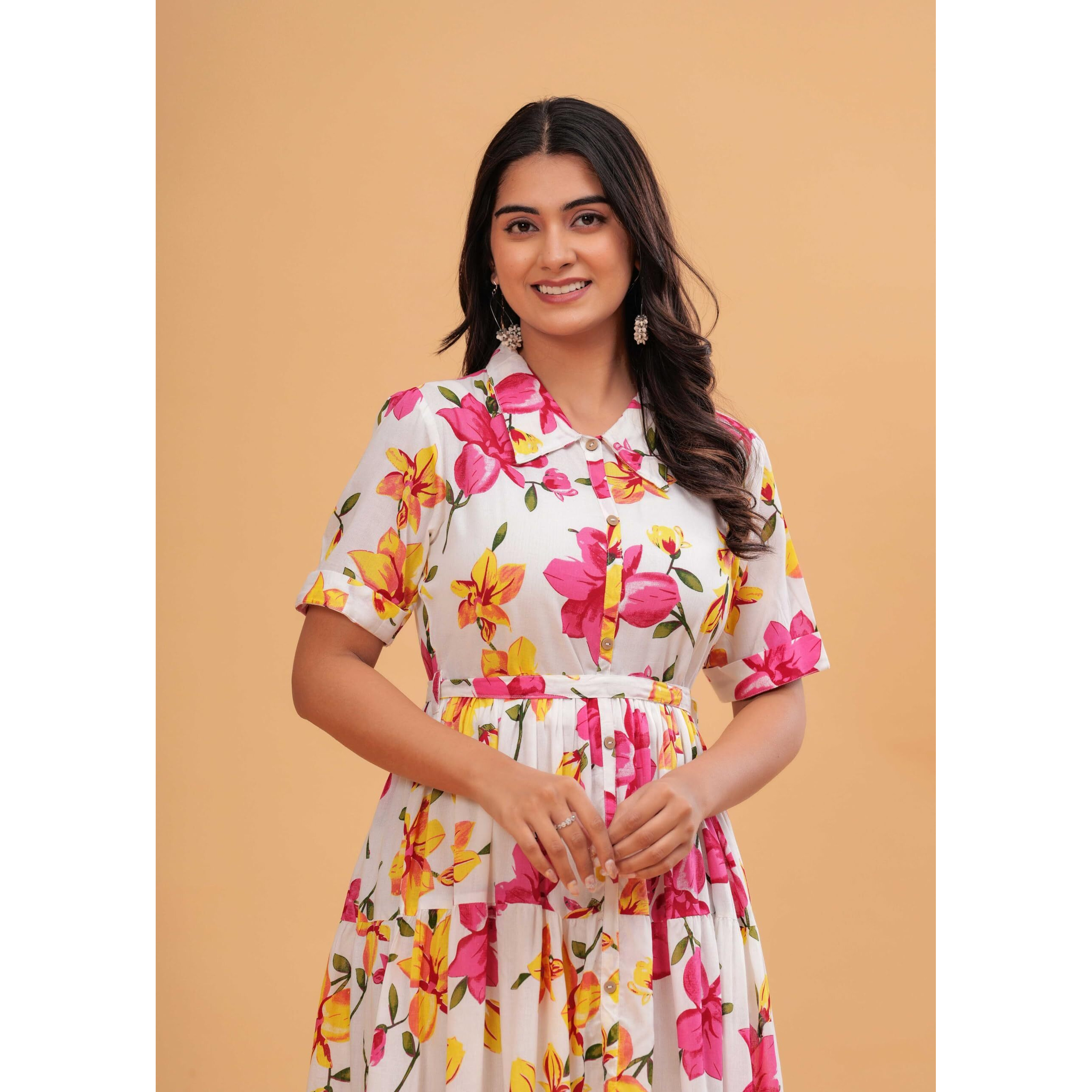 Jikonet Women's Western Dress Floral Printed Cotton Maxi Dress, (Medium, White)