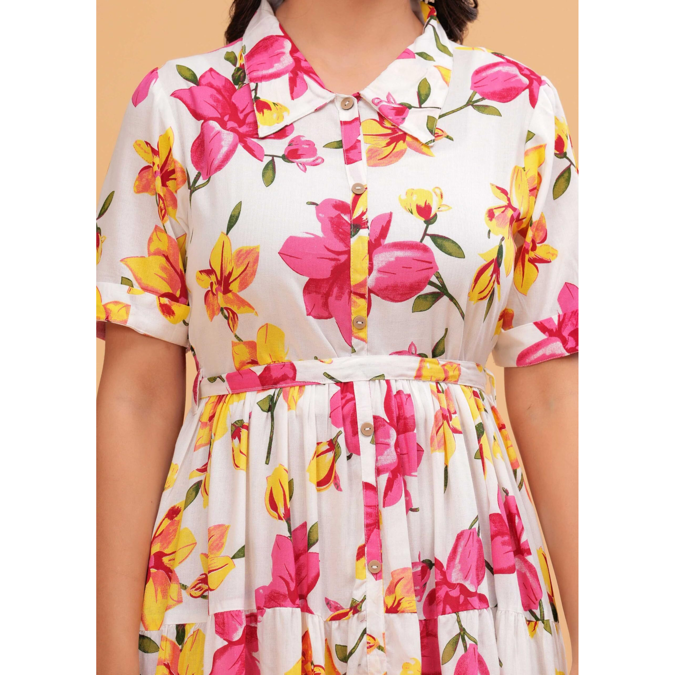 Jikonet Women's Western Dress Floral Printed Cotton Maxi Dress, (Medium, White)