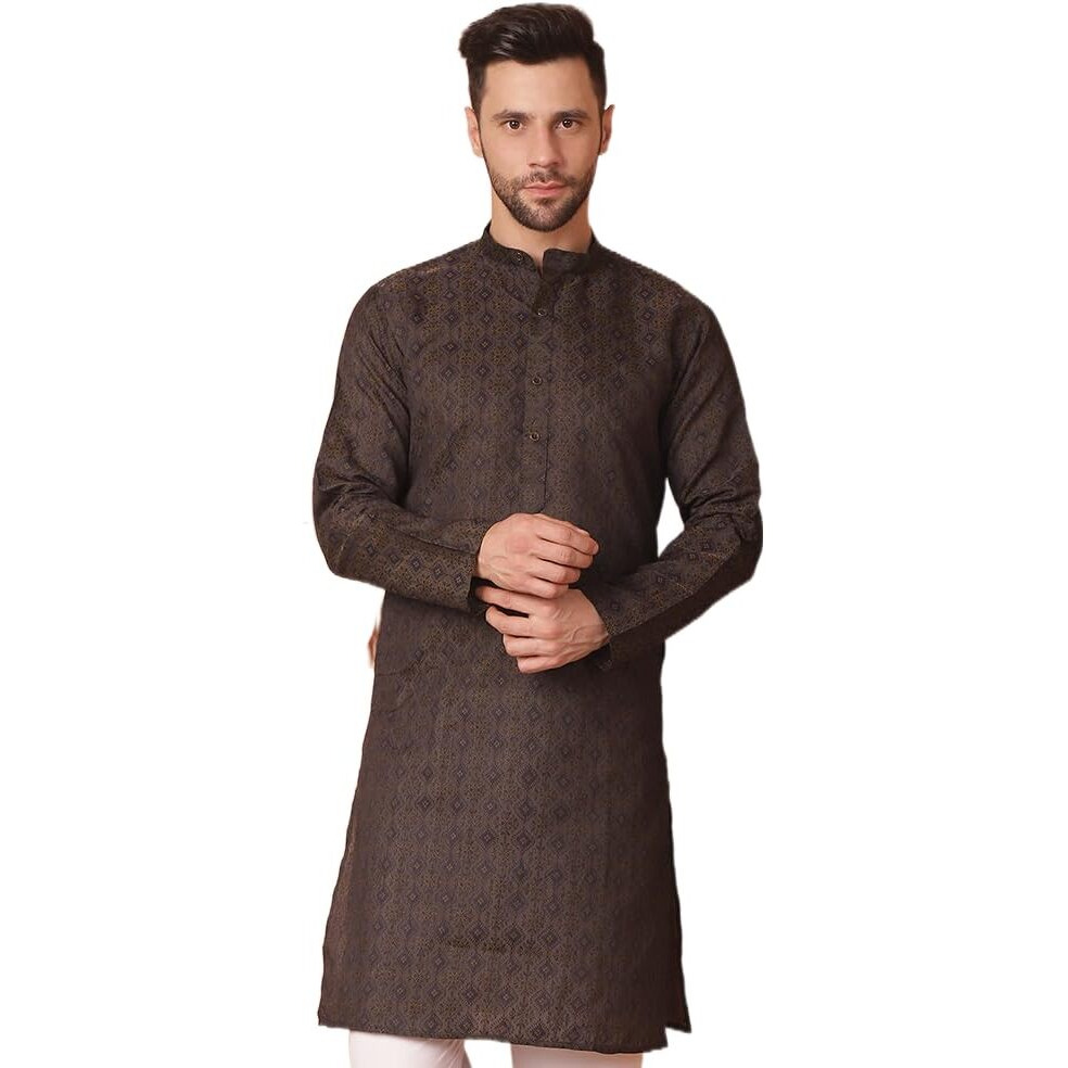 Jompers Mens Navy Woven Design Silk Blend Kurtas (Navy, L)