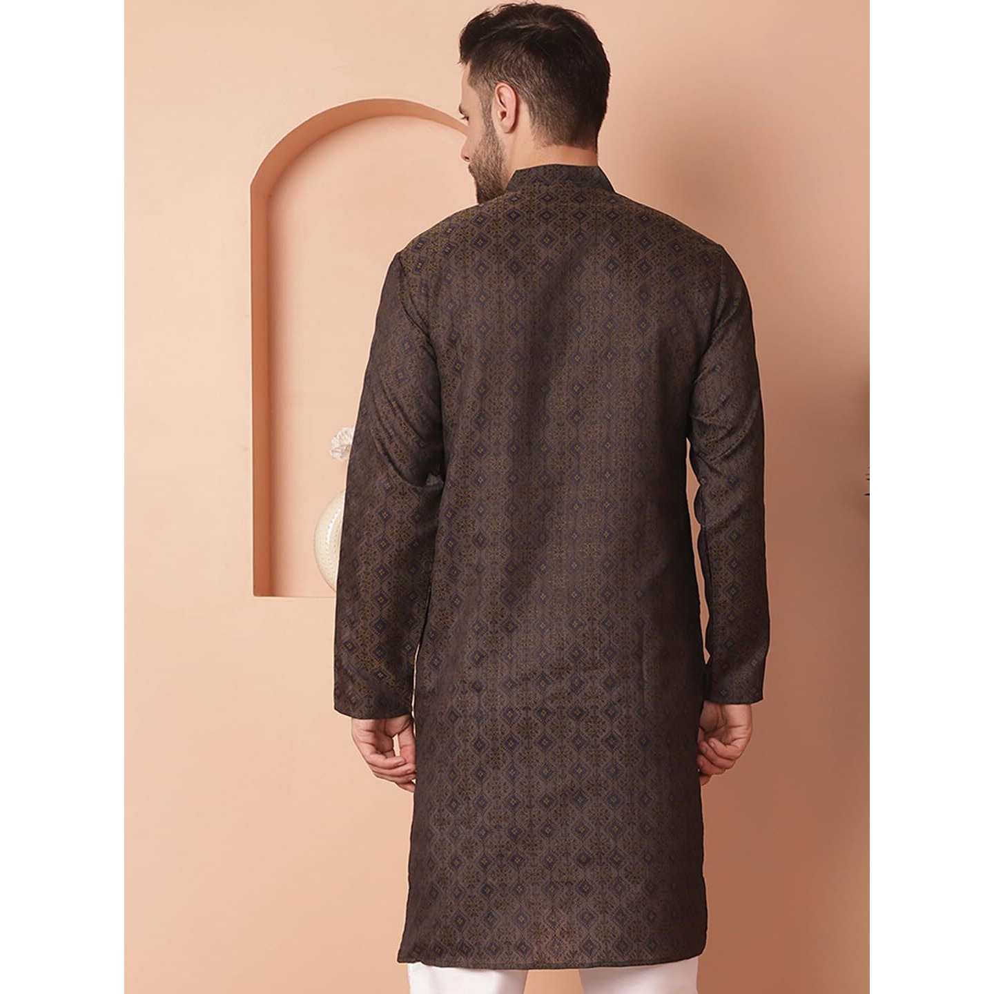 Jompers Mens Navy Woven Design Silk Blend Kurtas (Navy, L)