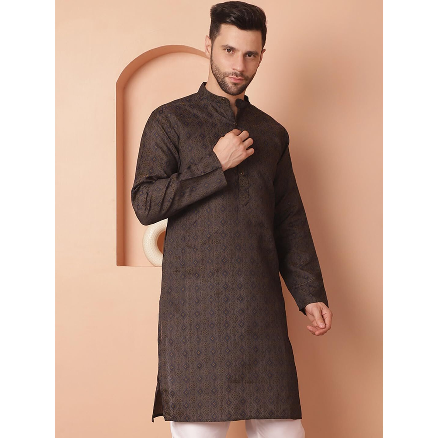 Jompers Mens Navy Woven Design Silk Blend Kurtas (Navy, L)