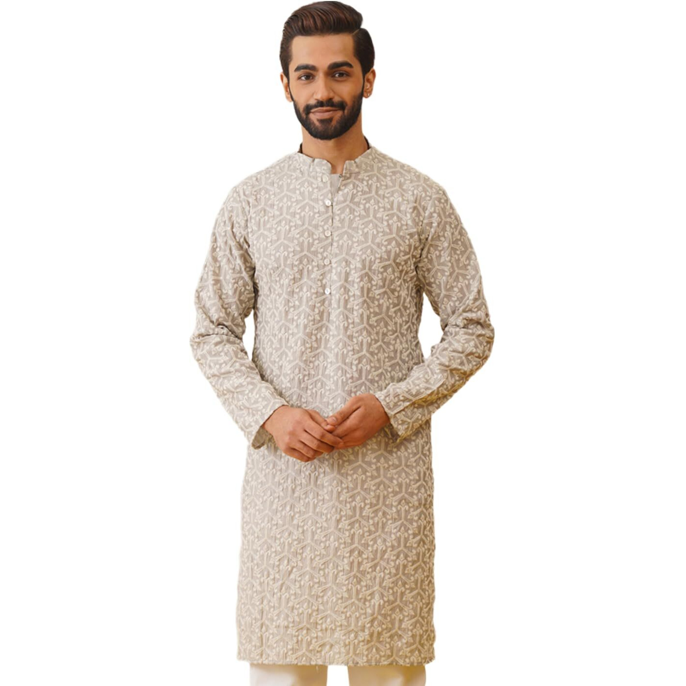 Jompers Men's Grey Chikankari Embroidered Kurtas. (Grey, S)