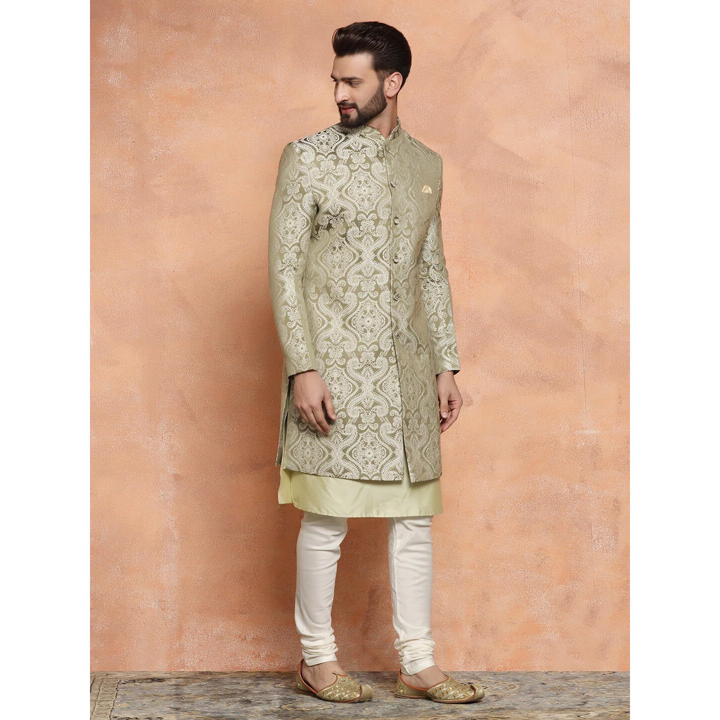 Kisah Sherwani Set For Men  Silk Blend Embroidered Indo Western Sherwani With Kurta And Trouser | Designer Ethnic Outfit For Weddings & Festivals, Olive-Green, 40