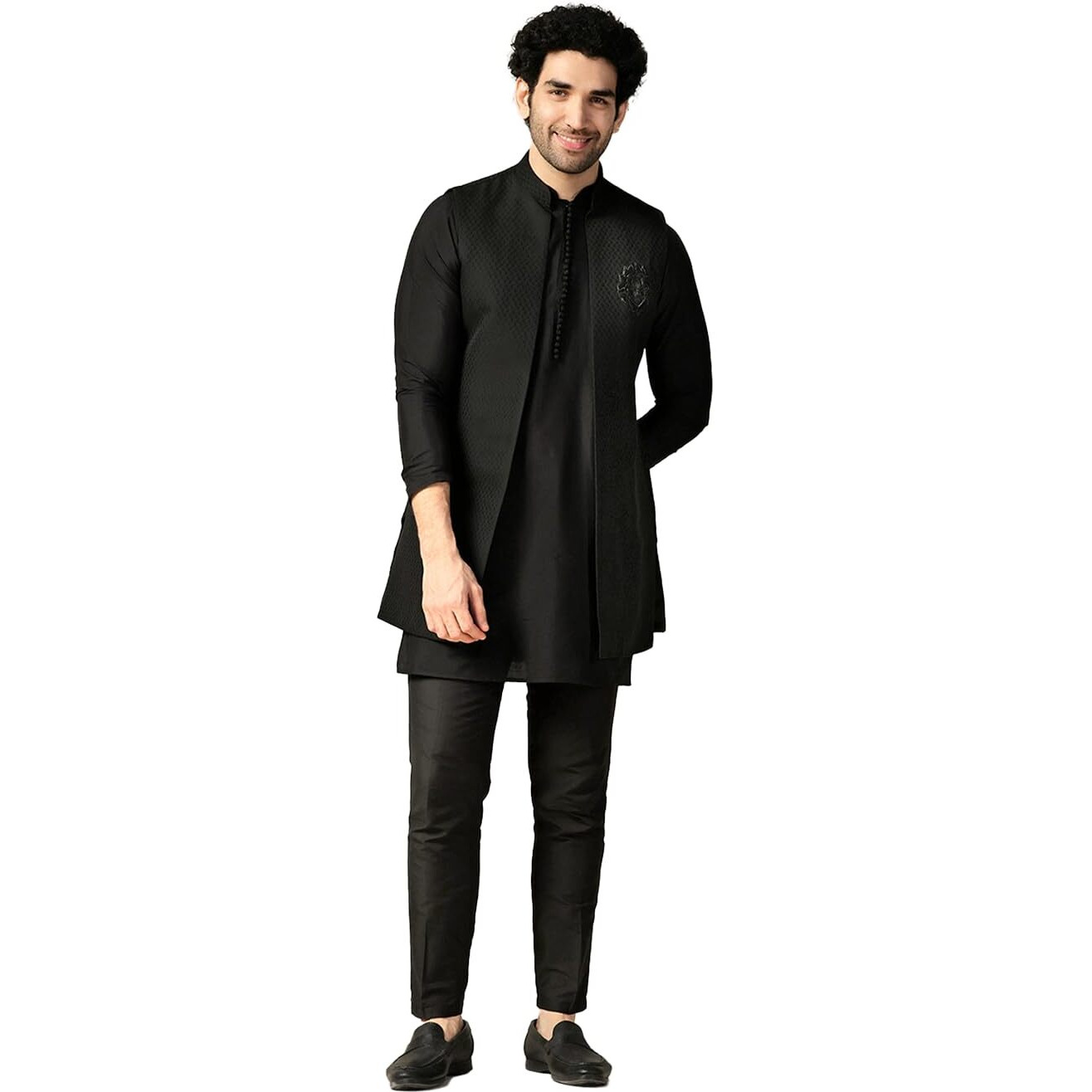 Kisah Men's Kurta Jacket Trouser Set, Black Silk Blend, Jacquard Regular Fit Mandarin Collar Long Sleeves (42)