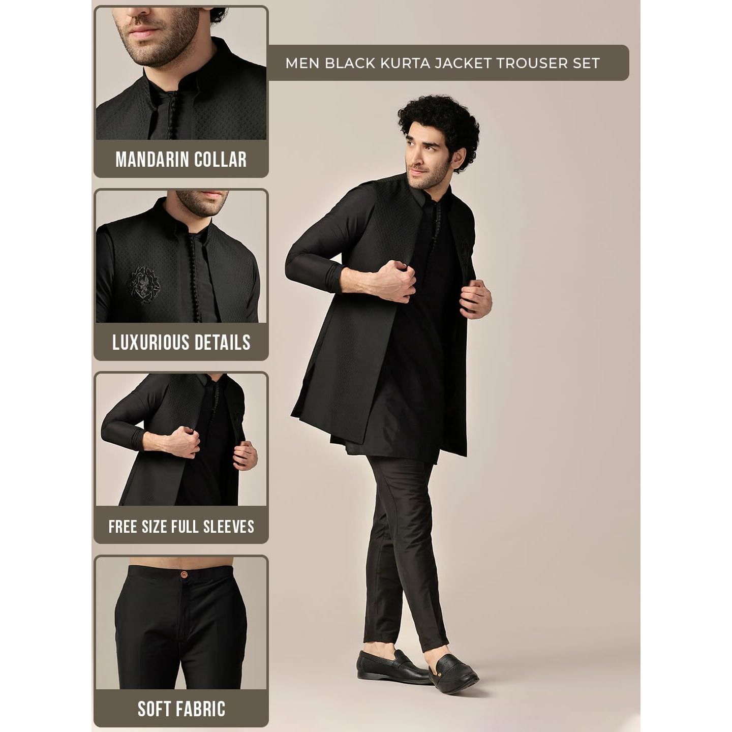 Kisah Men's Kurta Jacket Trouser Set, Black Silk Blend, Jacquard Regular Fit Mandarin Collar Long Sleeves (42)