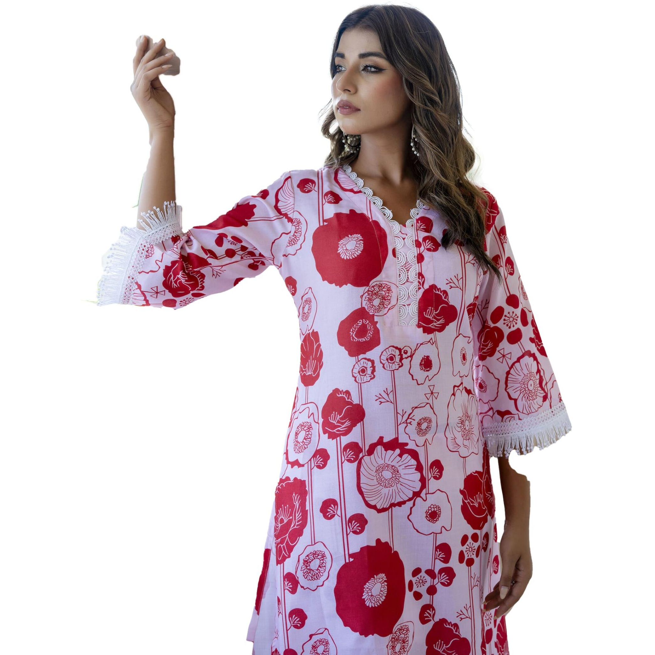 Lookmark Women's Printed Cotton Blend Straight Kurta Pant Set With Lace - Comfortable Ethnic Wear For Women, Elegant Design, Suitable For Various Occasions (Az-Lm-P8-Ks2118 Red-L)