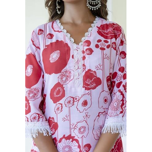 Lookmark Women's Printed Cotton Blend Straight Kurta Pant Set With Lace - Comfortable Ethnic Wear For Women, Elegant Design, Suitable For Various Occasions (Az-Lm-P8-Ks2118 Red-L)