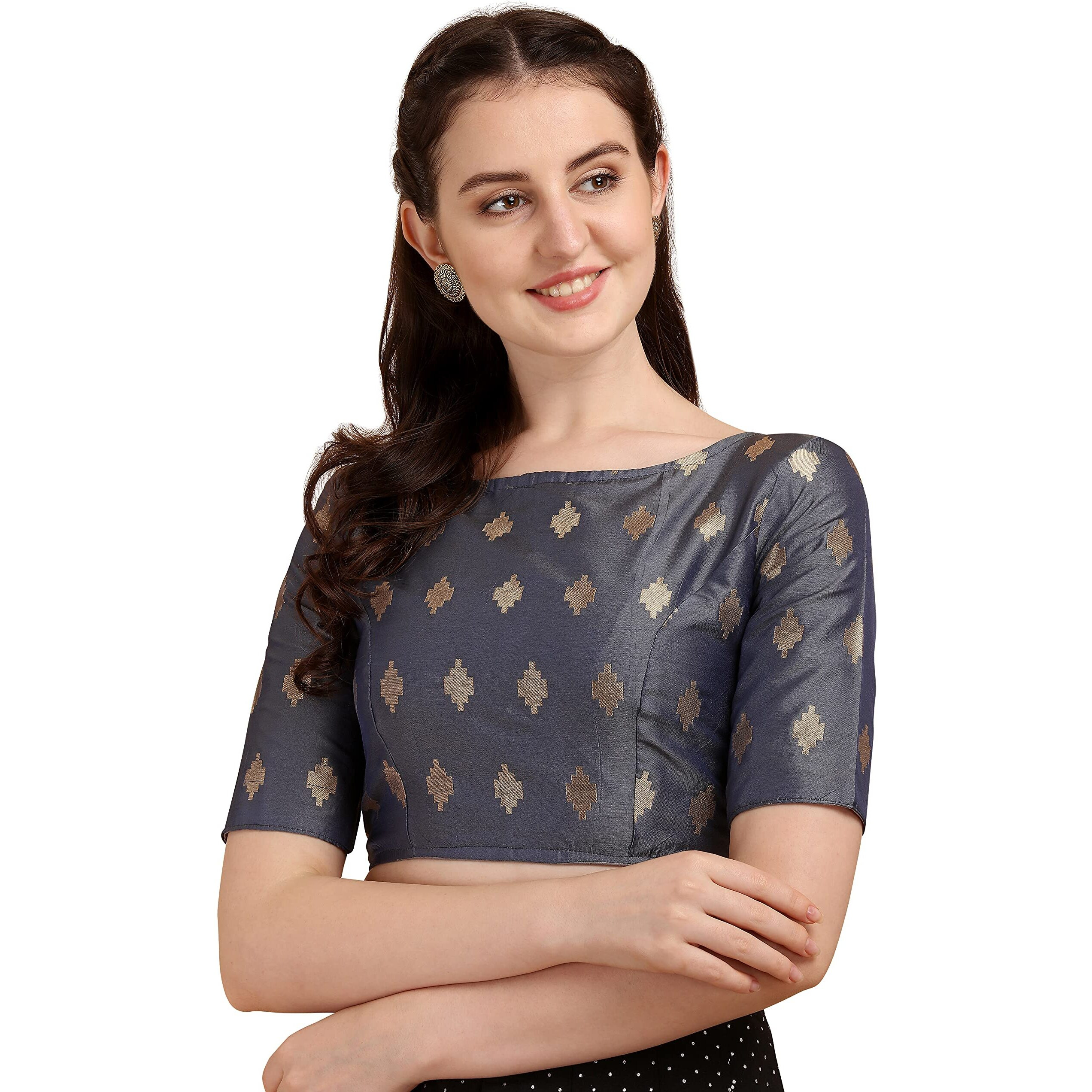 Oomph Women's Indian Ethnic Wear Designer Zari Work Boat Neck Half Sleeve Readymade Non - Padded Blouse For Saree And Lehnga And Palazzos Or Skirts For A Fusion Twist.