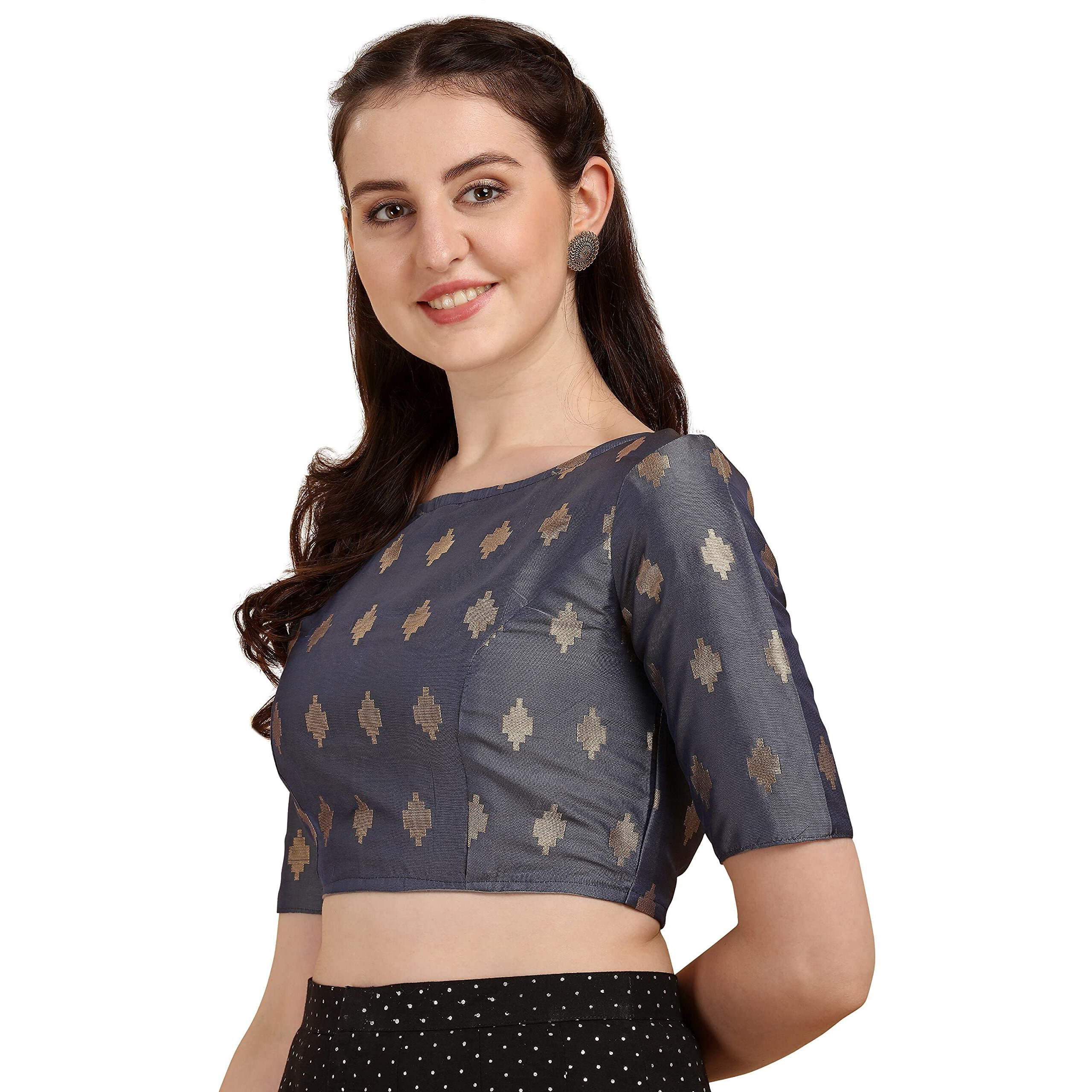 Oomph Women's Indian Ethnic Wear Designer Zari Work Boat Neck Half Sleeve Readymade Non - Padded Blouse For Saree And Lehnga And Palazzos Or Skirts For A Fusion Twist.