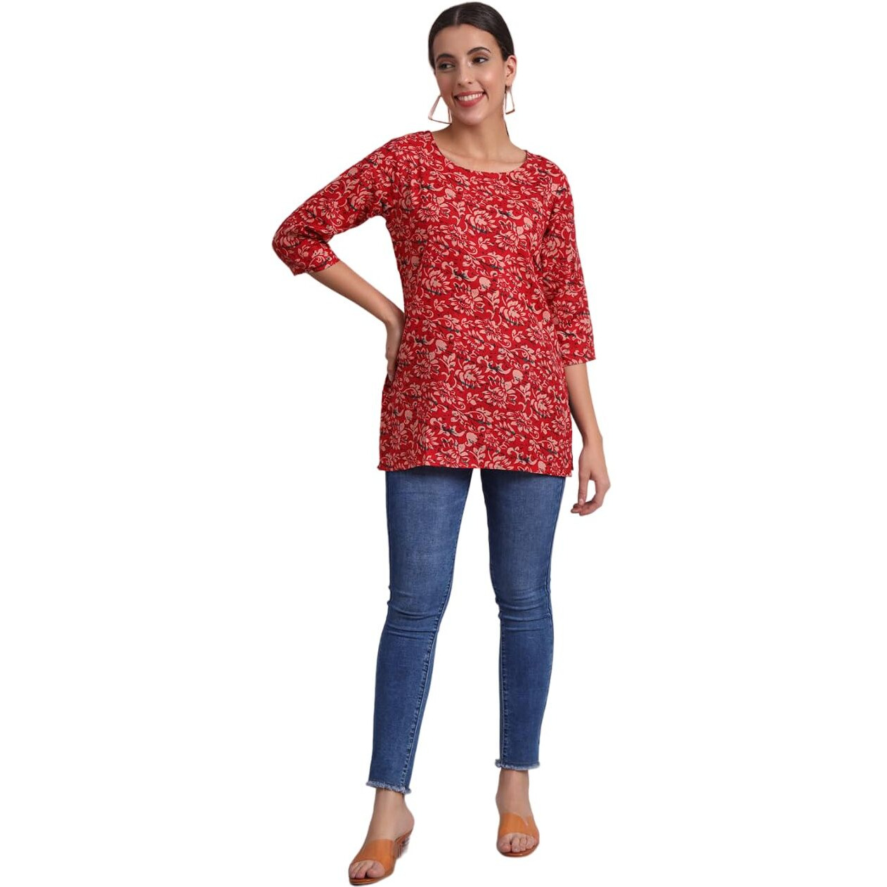 Patlani Women's Cotton Printed Short Fullstitched Kurti/Kurtas. Red