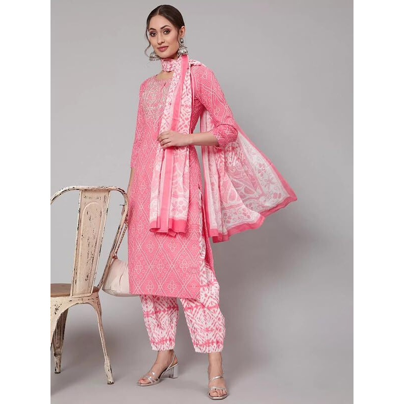 Pinkmint Women Cotton Straight Printed Kurta With Pant & Dupatta Pink