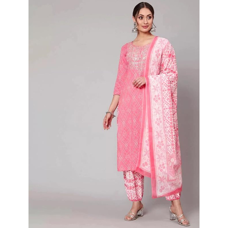 Pinkmint Women Cotton Straight Printed Kurta With Pant & Dupatta Pink