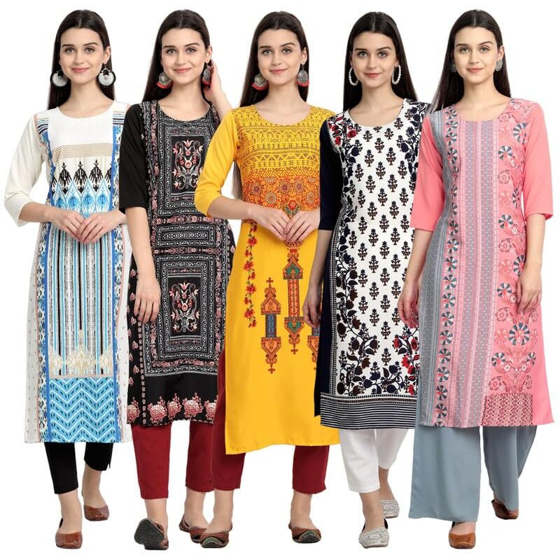 Pinkmint Women's Printed Kurti For Women's Round Neck Straight Kurti For Women (Pack Of 5)