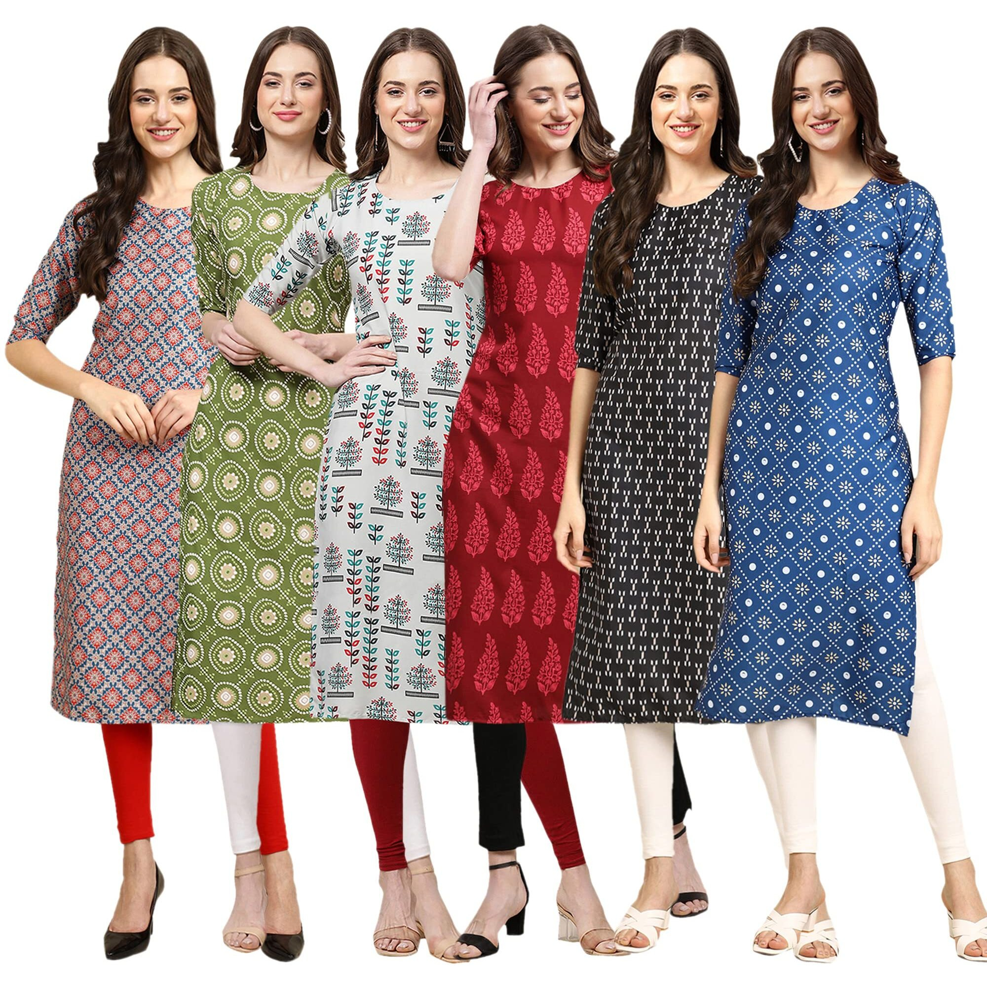 Pinkmint Women's Crepe Digital Print Straight Kurta(Pack Of 6)[Qv-372-338-340-337-362-353-S]