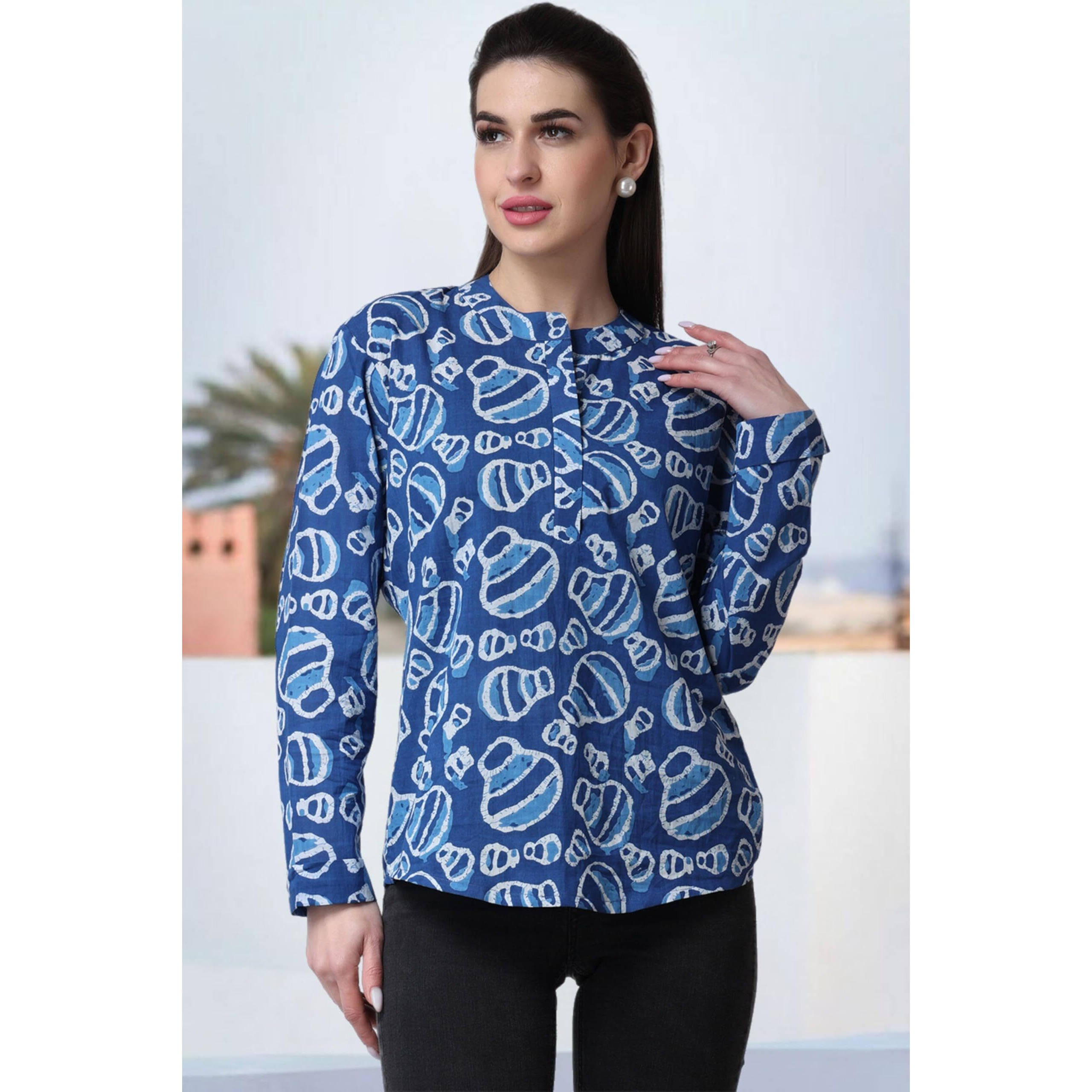 Popwings Casual Pure Cotton Bagru Ethnic Print Women Short Kurta Indigo Blue
