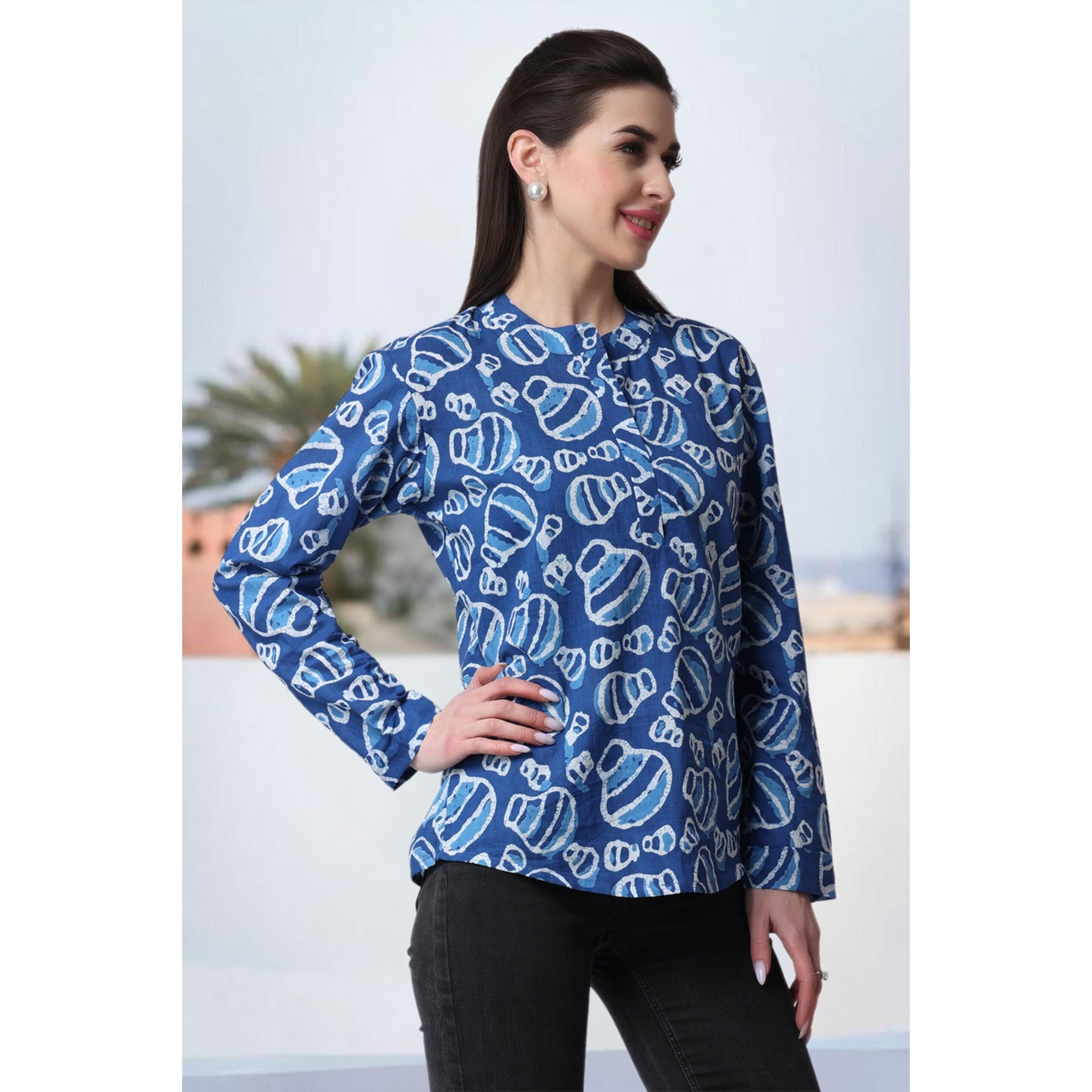 Popwings Casual Pure Cotton Bagru Ethnic Print Women Short Kurta Indigo Blue