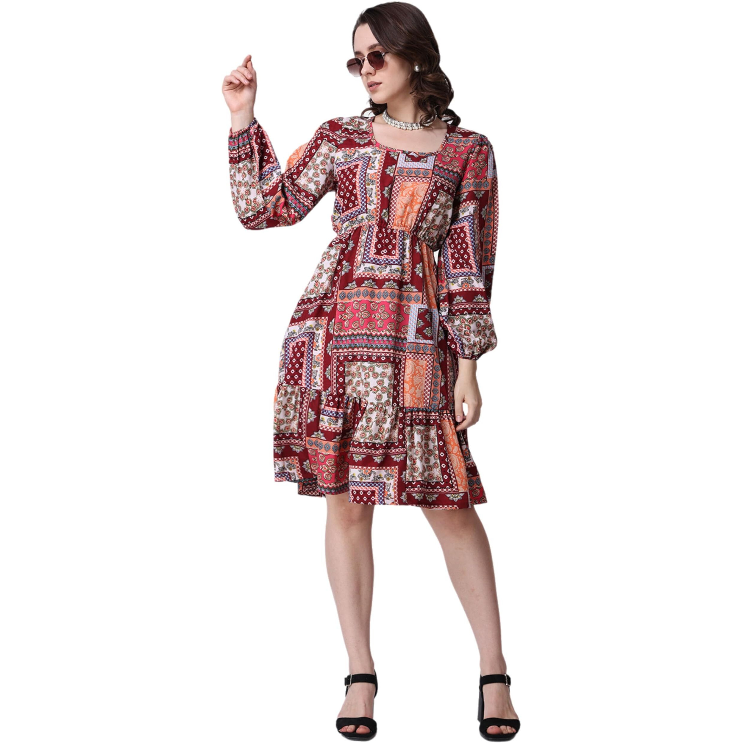Popwings Women Casual Boho Printed Red Peplum Dress