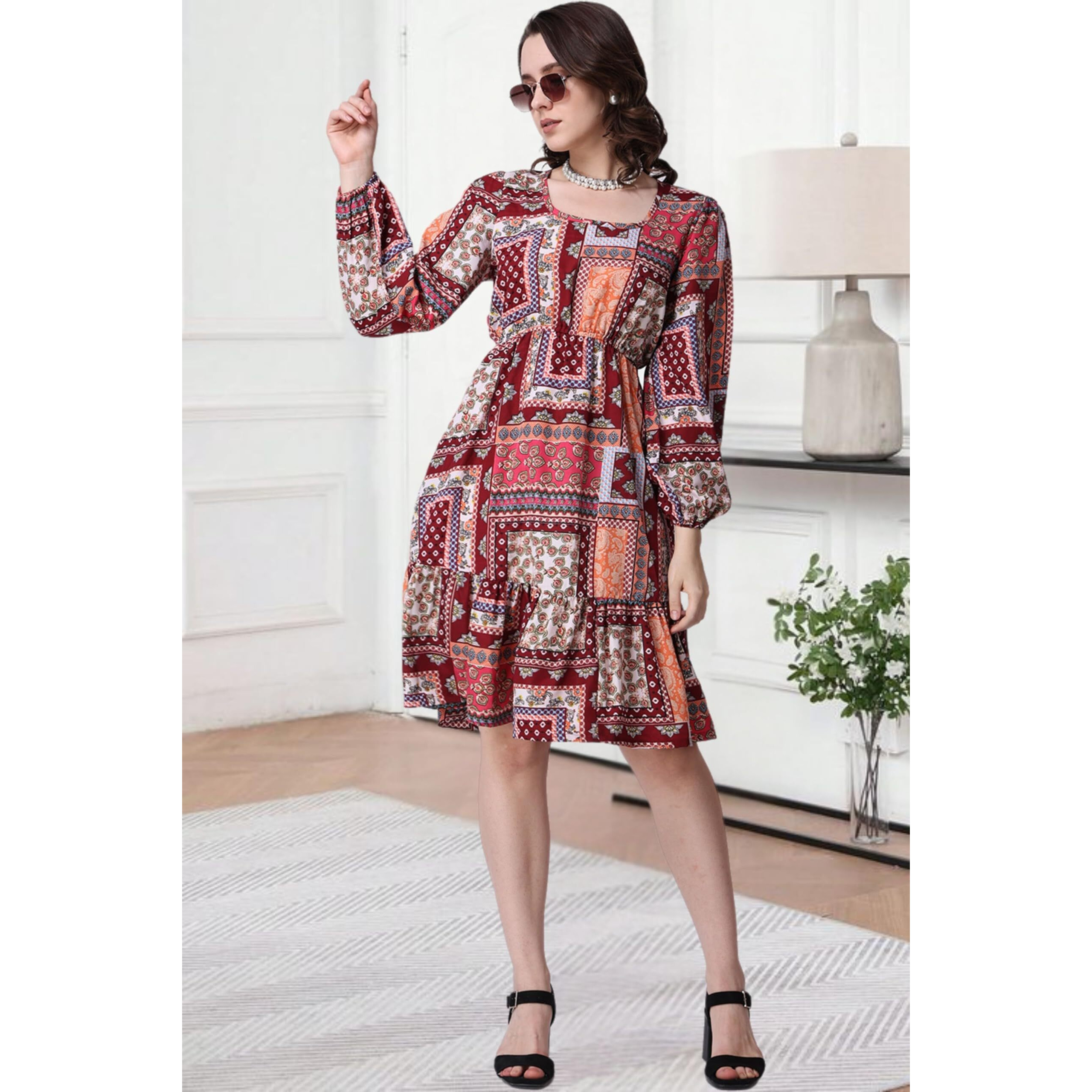 Popwings Women Casual Boho Printed Red Peplum Dress
