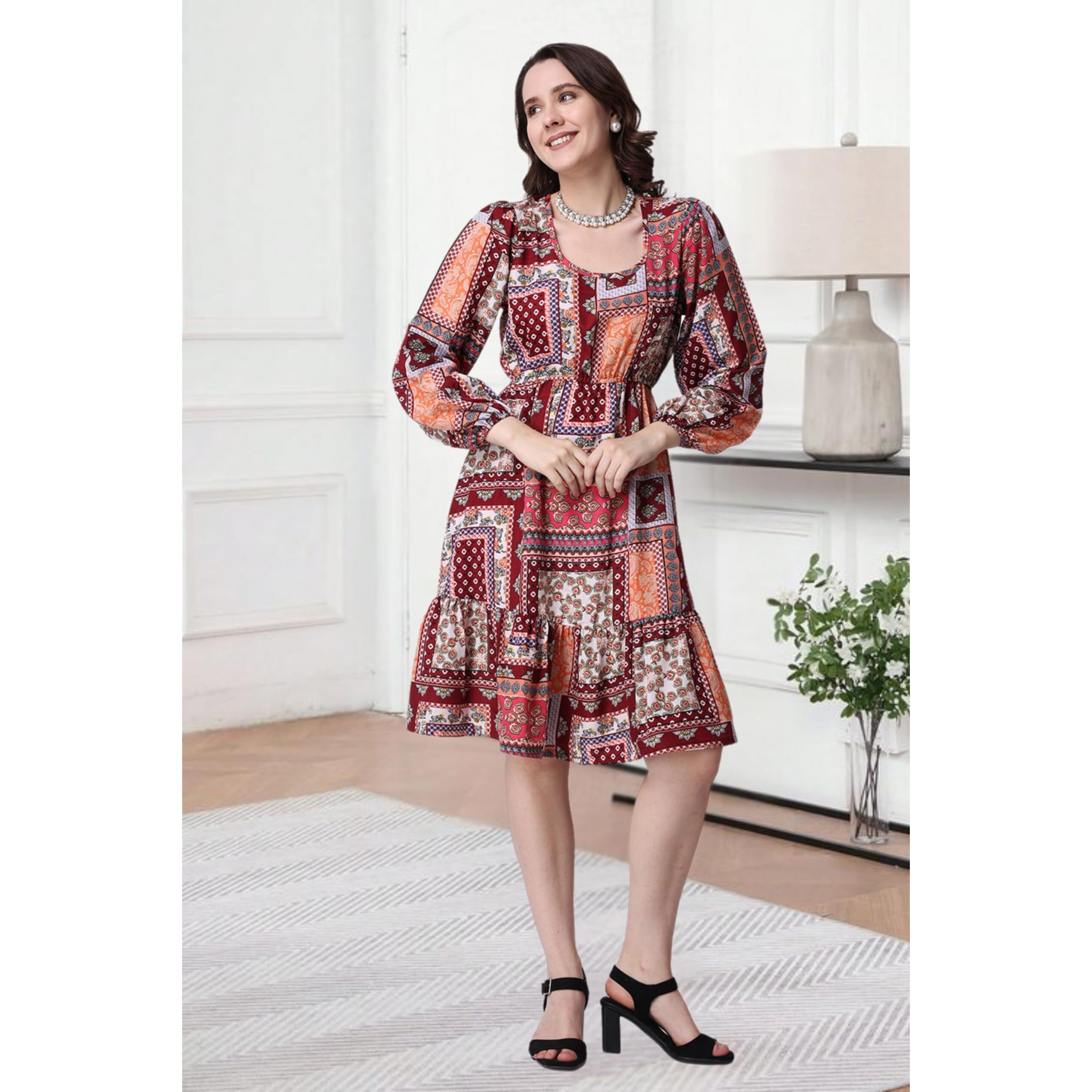 Popwings Women Casual Boho Printed Red Peplum Dress