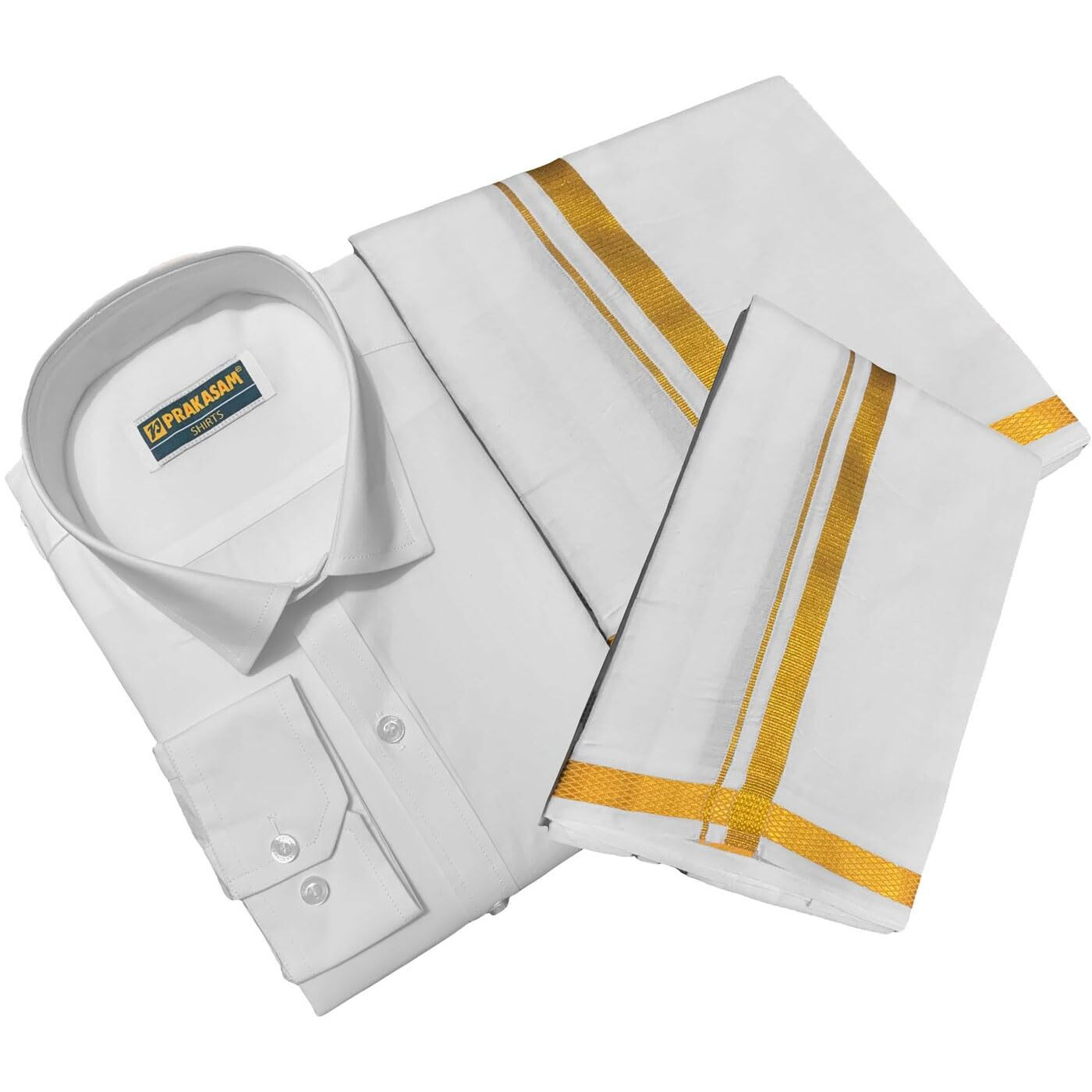 Prakasam Cotton Mens Cotton Wedding Set- A Pure Cotton Full Sleeve White Shirt + A Pure Cotton 8 Yard Dhoti (1.28X3.70 Mtrs) + Single White Colour Towel