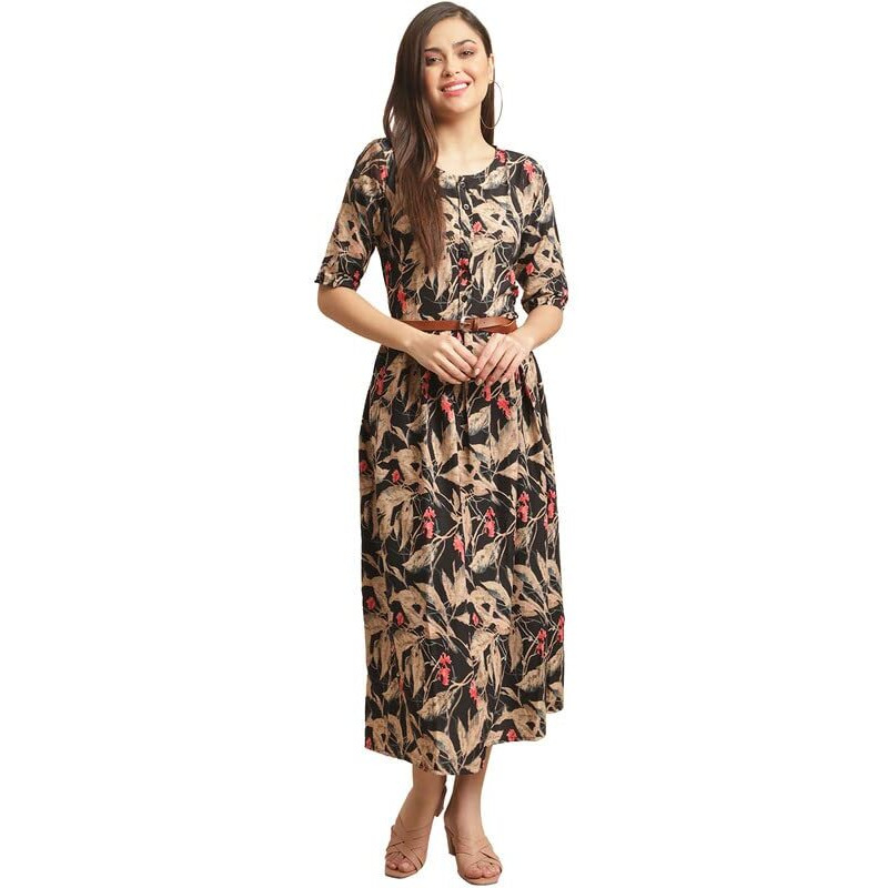 Preneum Women's Rayon Fit And Flare Standard Length Dress (Gown-A-116_Brown_Xl)