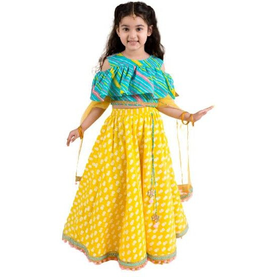 Pspeaches Girl's Yellow Turquoise Blue Printed Cotton Readymade Lehenga And Choli Set (Yellow-6-7Y)