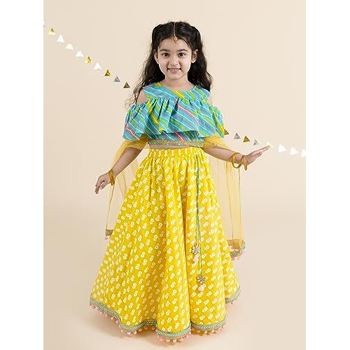 Pspeaches Girl's Yellow Turquoise Blue Printed Cotton Readymade Lehenga And Choli Set (Yellow-6-7Y)