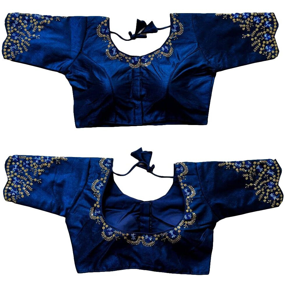 Pujia Mills Women's Silk Embroidery Sequence Work Half Sleeve Readymade Blouse (Navy Blue, 38)