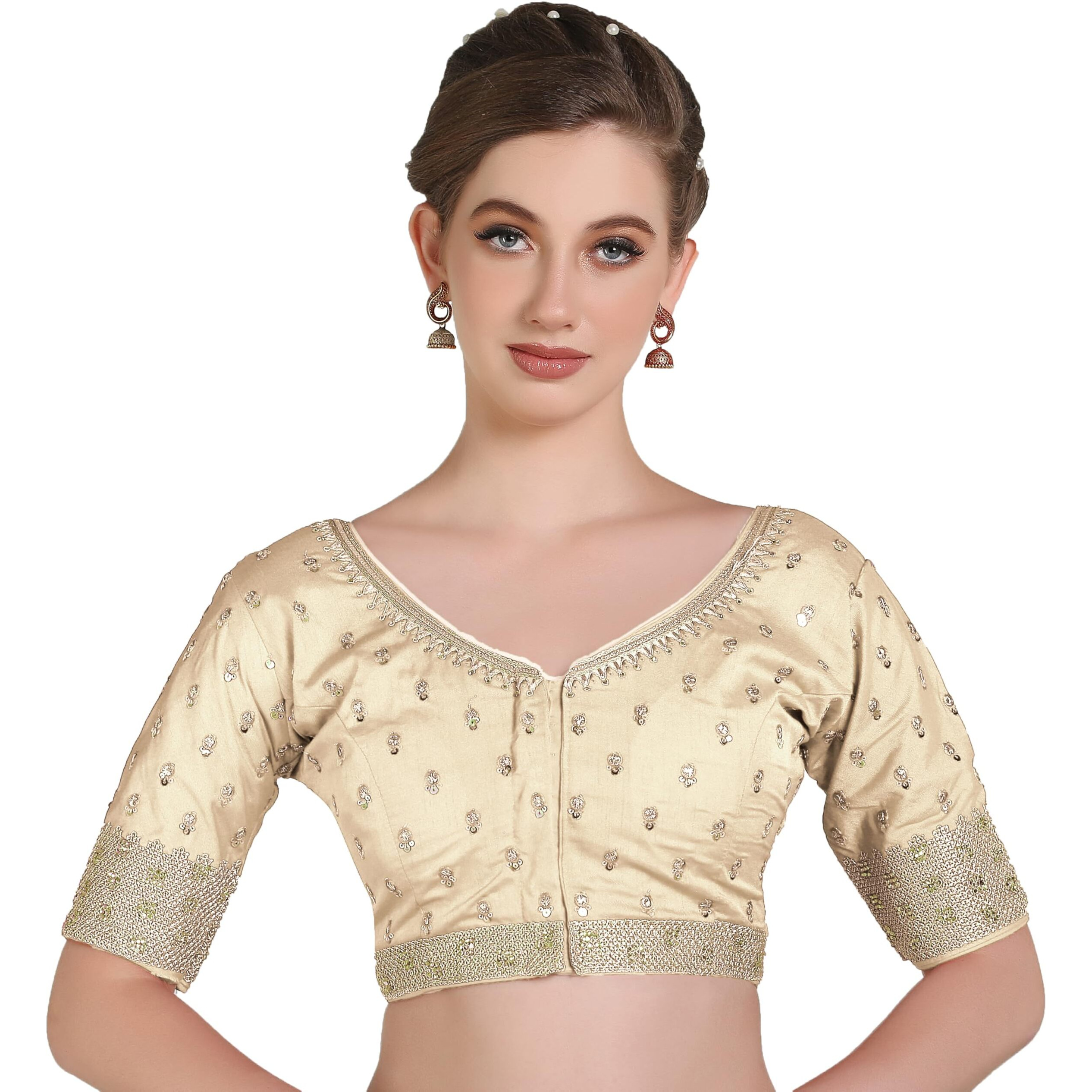 Pujia Mills Women Indian Ethnic Wear Designer Golden Codding With Zari Embroidered Diamond Work Round Neck Half Sleeve Readymade Aari Work Saree Blouse Bridal Readymade Blouse Cream For Lehenga Choli