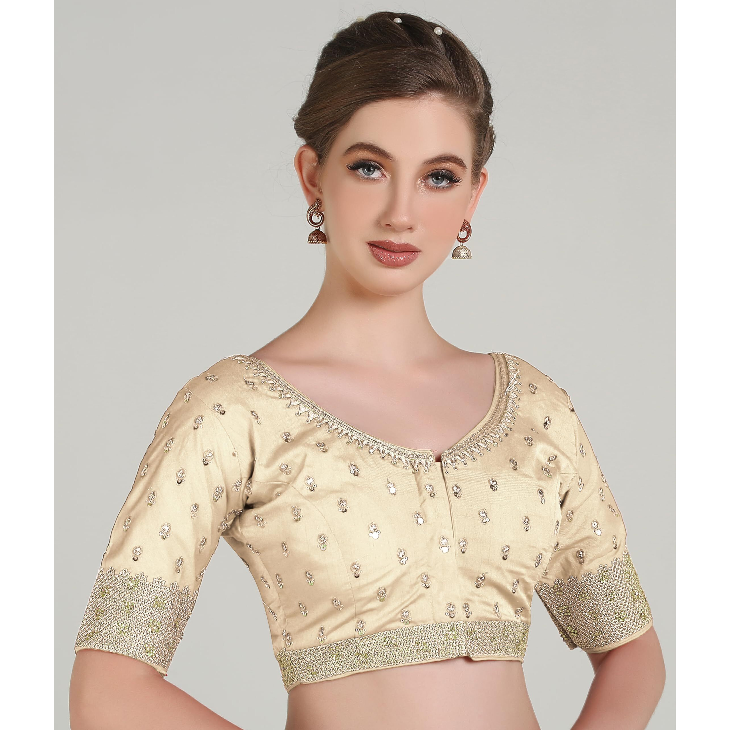 Pujia Mills Women Indian Ethnic Wear Designer Golden Codding With Zari Embroidered Diamond Work Round Neck Half Sleeve Readymade Aari Work Saree Blouse Bridal Readymade Blouse Cream For Lehenga Choli