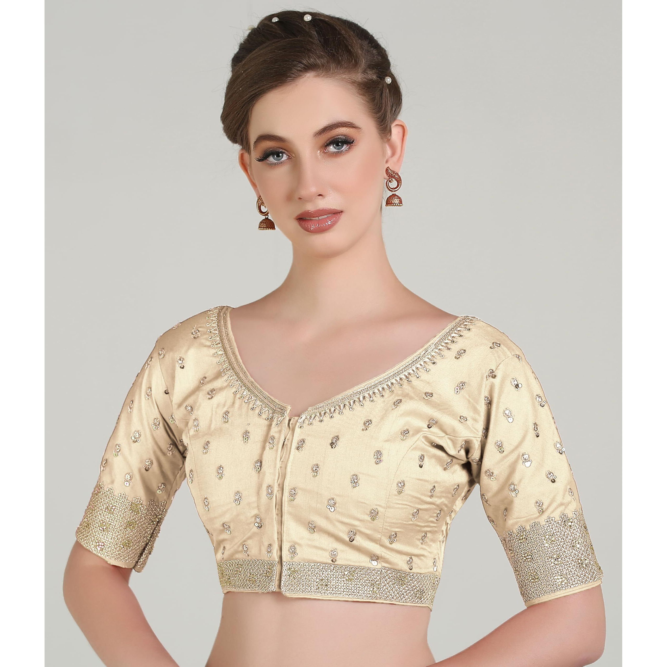 Pujia Mills Women Indian Ethnic Wear Designer Golden Codding With Zari Embroidered Diamond Work Round Neck Half Sleeve Readymade Aari Work Saree Blouse Bridal Readymade Blouse Cream For Lehenga Choli