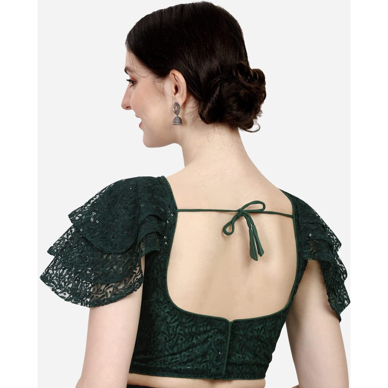 Pujia Mills Women's Multicolore Shifly Net Work Ruffle Sleeves Readymade Saree Blouse For Lehenga Choli (Sipli Blouse Green 38)