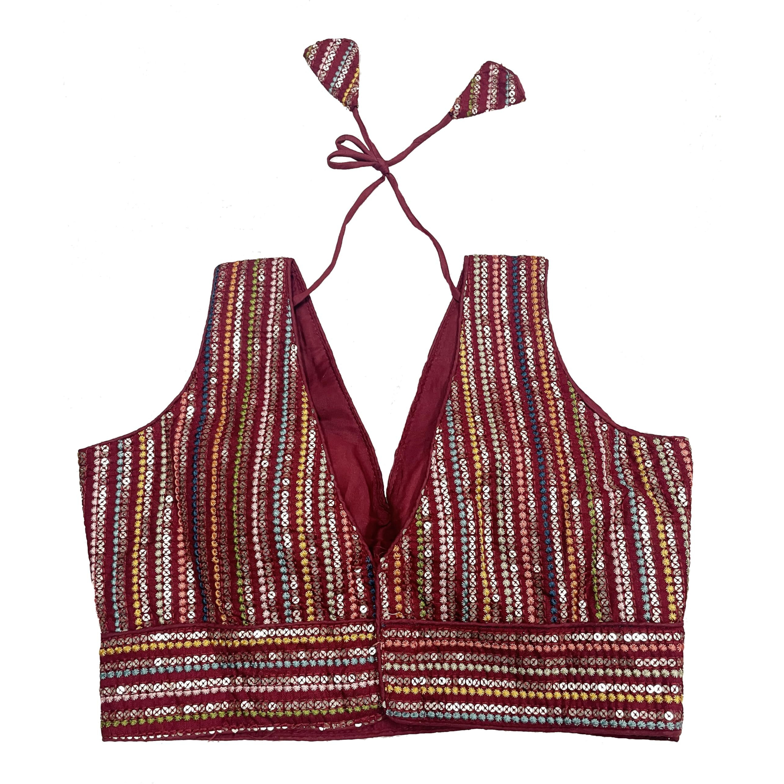 Pujia Mills Women's Sleeveless Sabyasachi Pattern V Neck Embroidery Work With Sequence Indian Ethnic Wear Readymade Saree Blouse For Lehenga Choli (Maroon, 36)