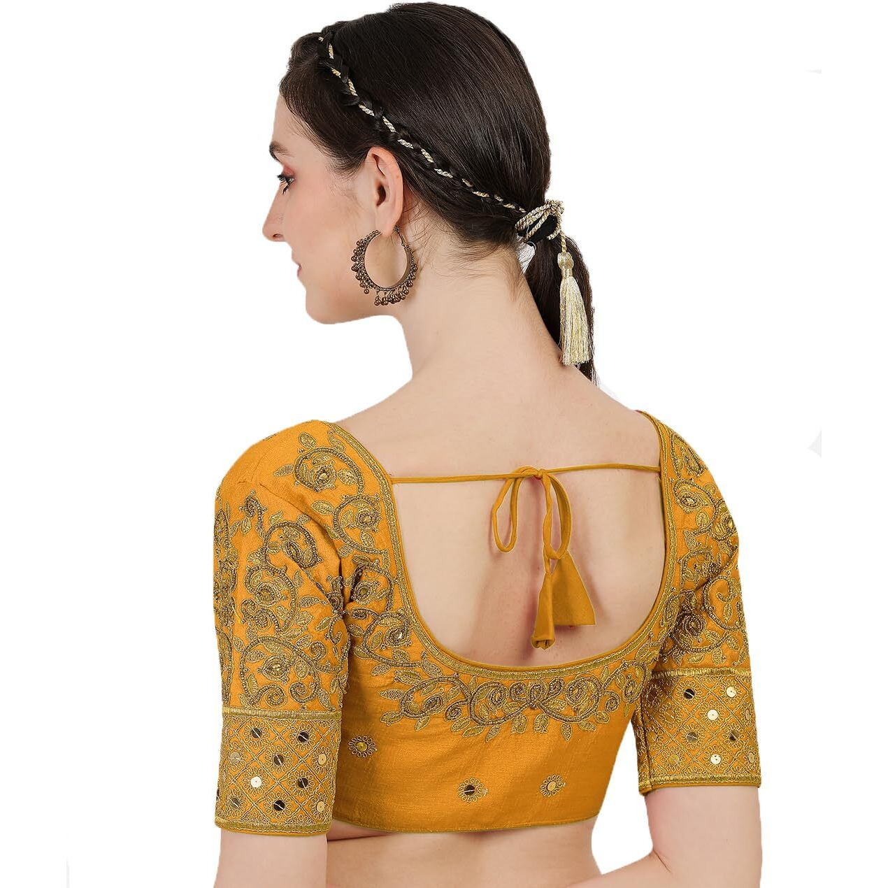 Pujia Mills Blouse Readymade Stylish Design Half Sleeve Blouse Readymade Maggam Work Blouse Saree Blouse Readymade Parrot Blouse Maggam Work Designs Pattu Aari Work Blouse (Yellow Color, 38)