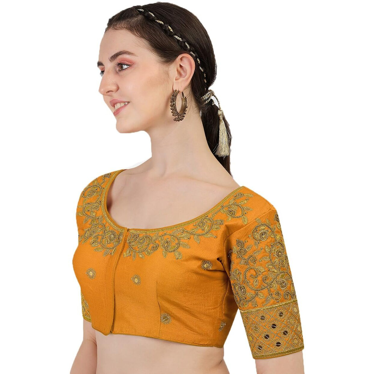 Pujia Mills Blouse Readymade Stylish Design Half Sleeve Blouse Readymade Maggam Work Blouse Saree Blouse Readymade Parrot Blouse Maggam Work Designs Pattu Aari Work Blouse (Yellow Color, 38)
