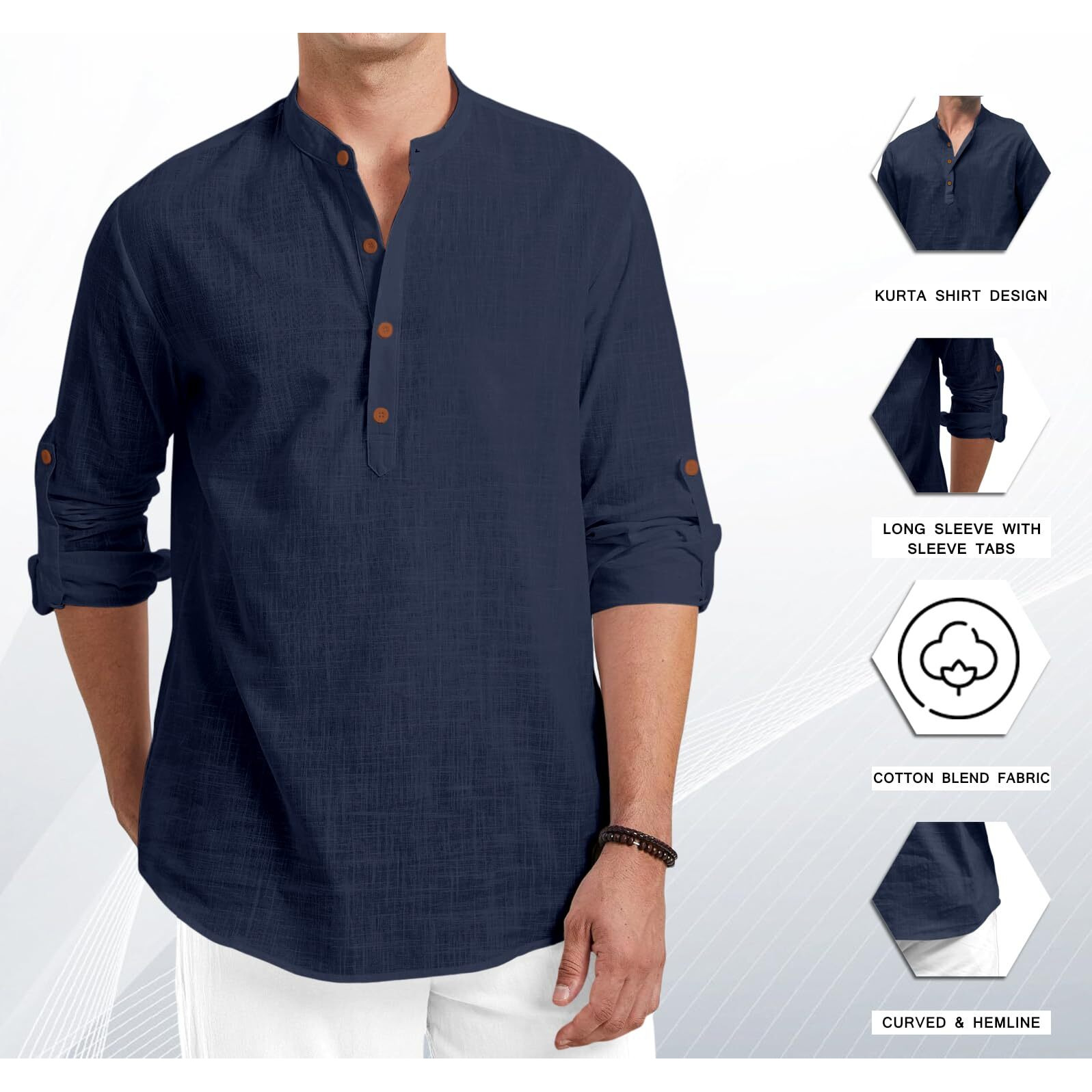 Royalscout Men Cotton Blend Full Sleeve Short Kurta Navy