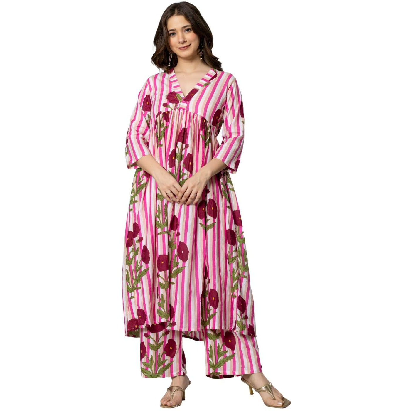Rytras Women's Pure Cotton Printed Alia Cut Kurta Set With Palazzo Pants - Ethnic Wear, Pink(Ryt594,Xxl)