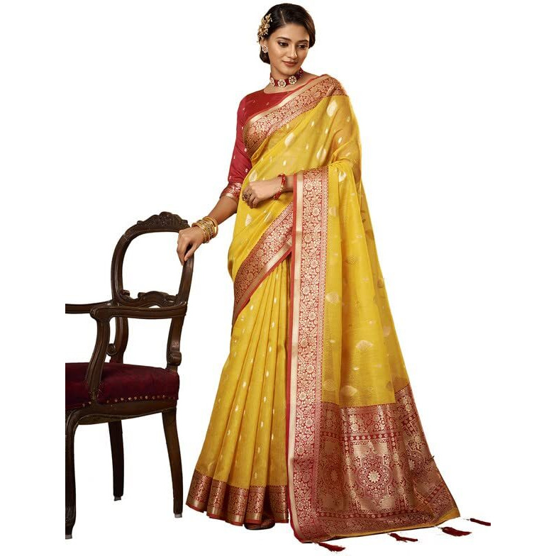 Satrani Women's Tabby Silk Tassel & Banarasi Jacquard Saree With Unstitched Blouse Piece(2786S104N_Yellow)