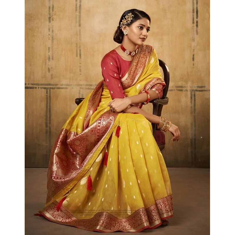 Satrani Women's Tabby Silk Tassel & Banarasi Jacquard Saree With Unstitched Blouse Piece(2786S104N_Yellow)