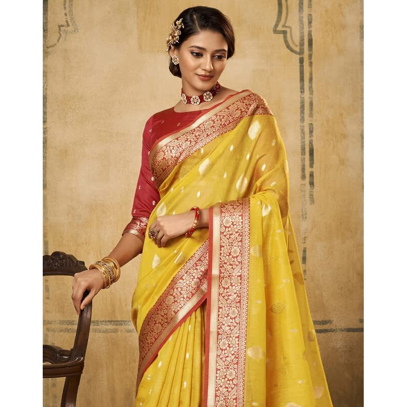 Satrani Women's Tabby Silk Tassel & Banarasi Jacquard Saree With Unstitched Blouse Piece(2786S104N_Yellow)