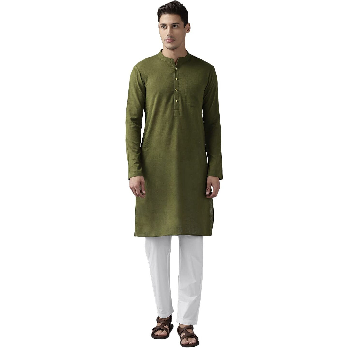 See Designs Men Olive Green Cotton Straight Kurta With Slub Effect With Pyjama - Sdkt102501Xl (Xl)