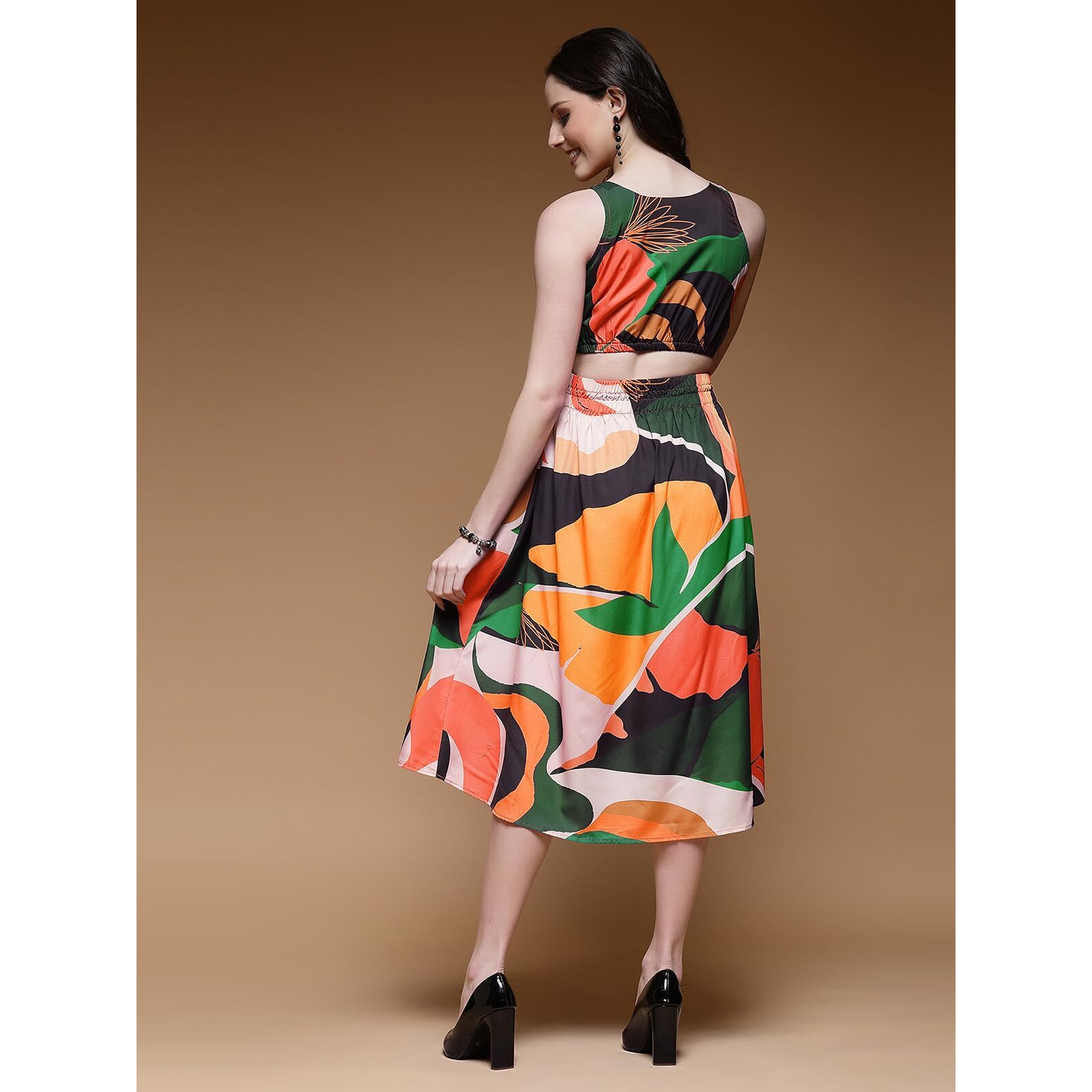 Selvia Women's Western Dress | Digital Printed Sleeveless Crepe Western Dress For Women | Round Neck Fit & Flare Dress For Women | One Piece Dress For Women (665Dtk682N-S_Orange & Multi)