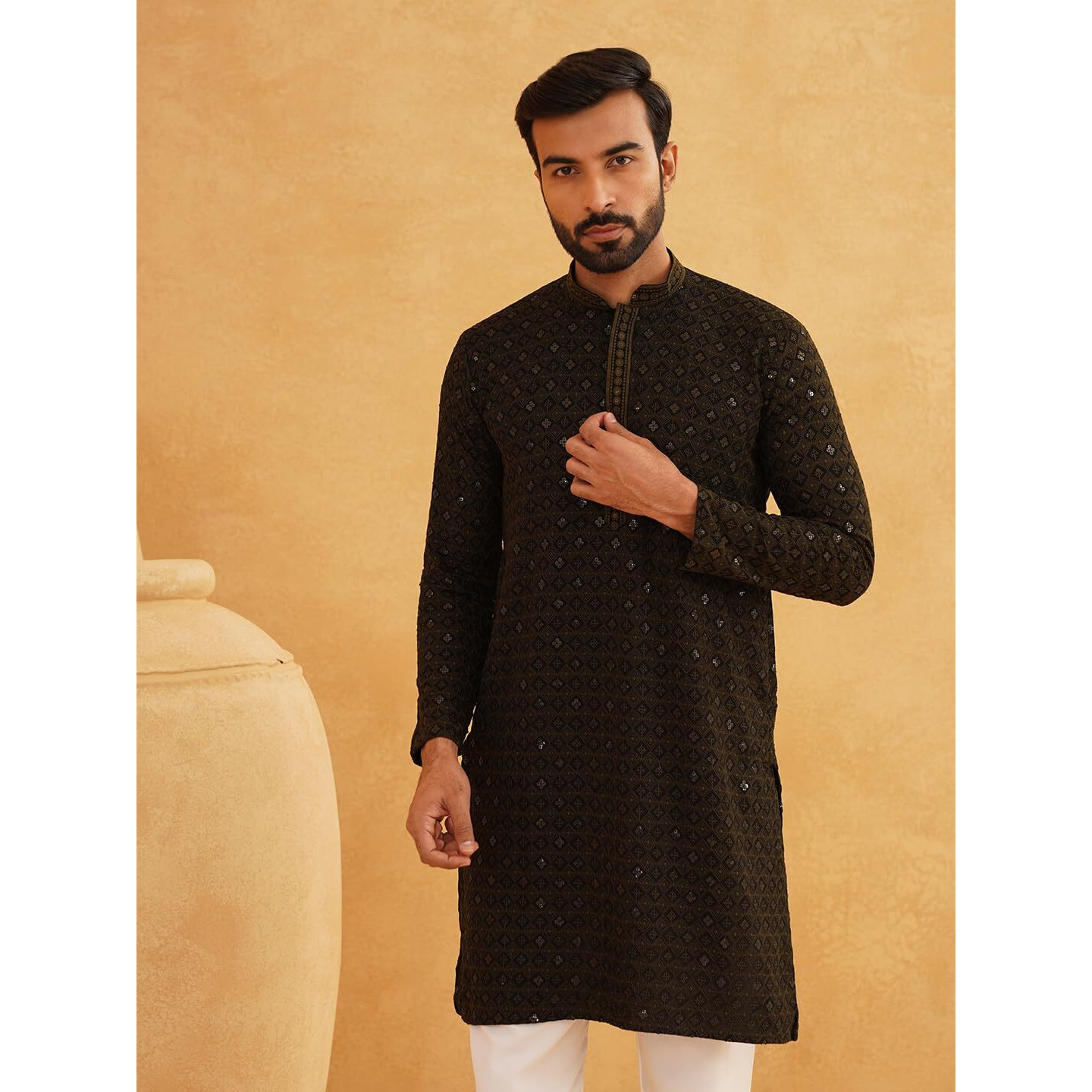 Sojanya (Since 1958 Men's Cotton Contrast Embroidered Sequinned Mehndi Long Kurta Size 38