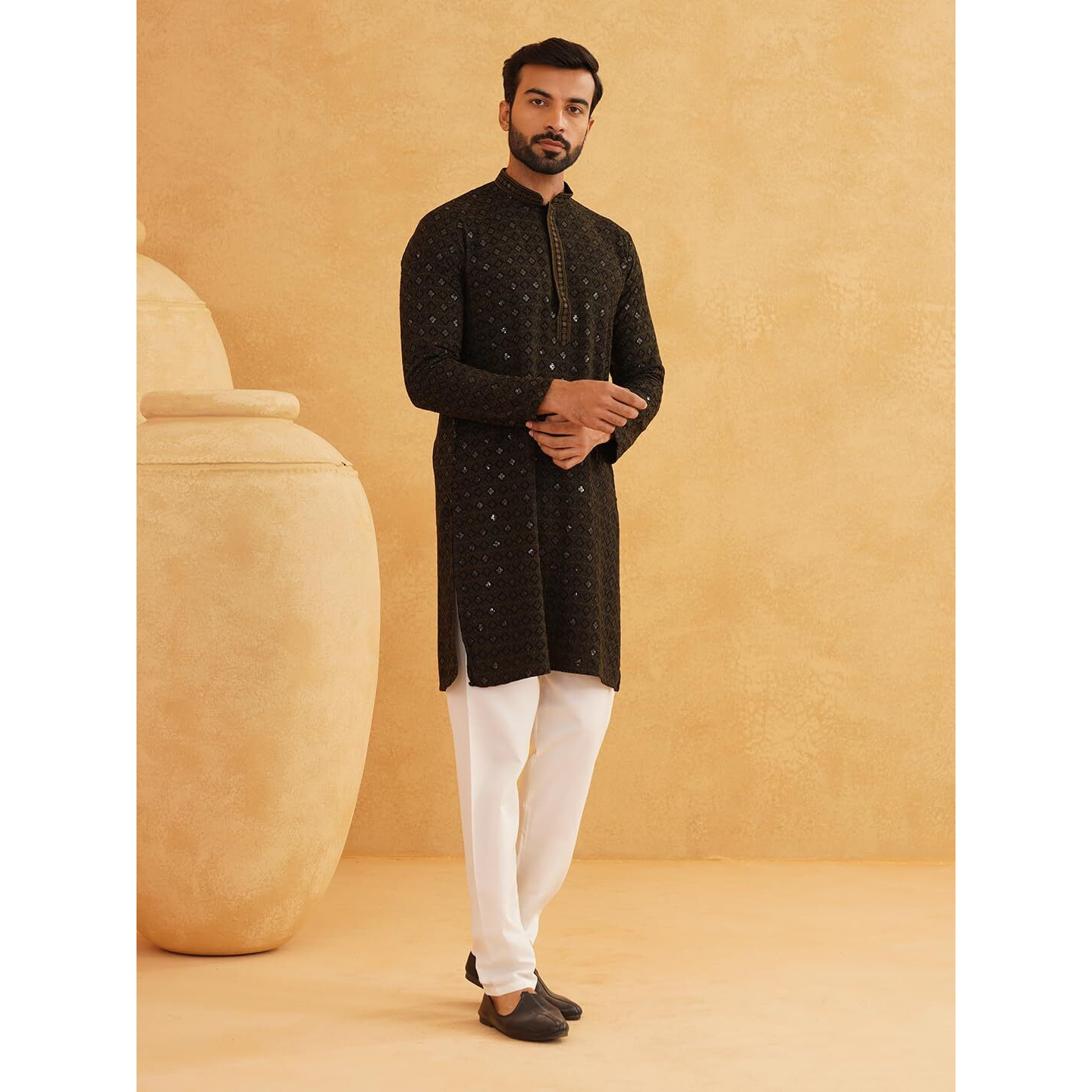 Sojanya (Since 1958 Men's Cotton Contrast Embroidered Sequinned Mehndi Long Kurta Size 38