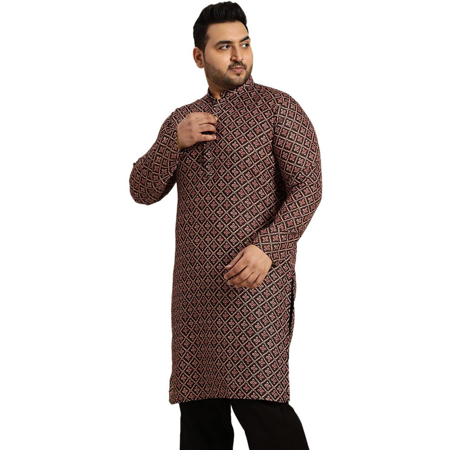 Sojanya Plus (Since 1958) Men's Cotton Black And Peach Printed Only Long Kurta