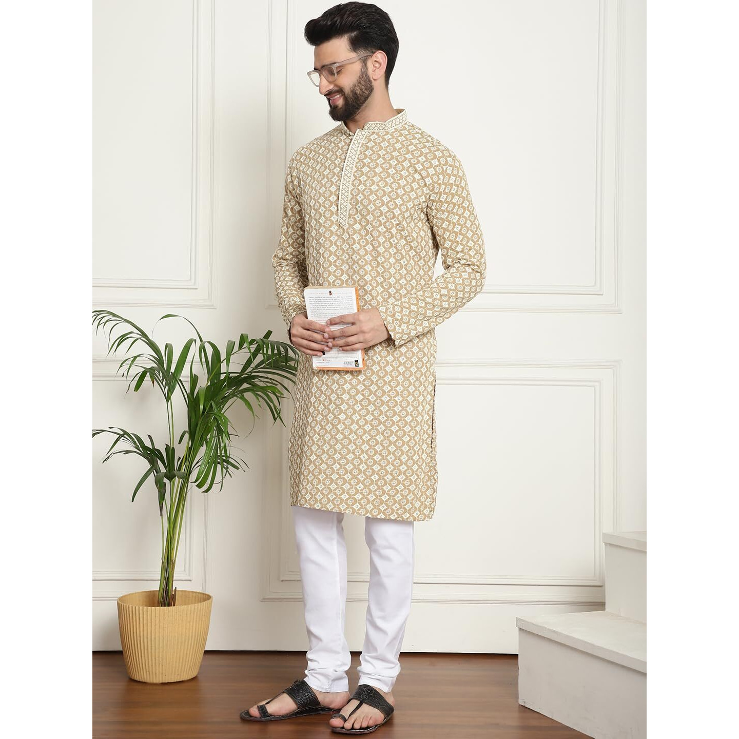 Sojanya (Since 1958 Men's Cotton Gold Embroidered Sequinned Beige Kurta With White Churidar Pyjama