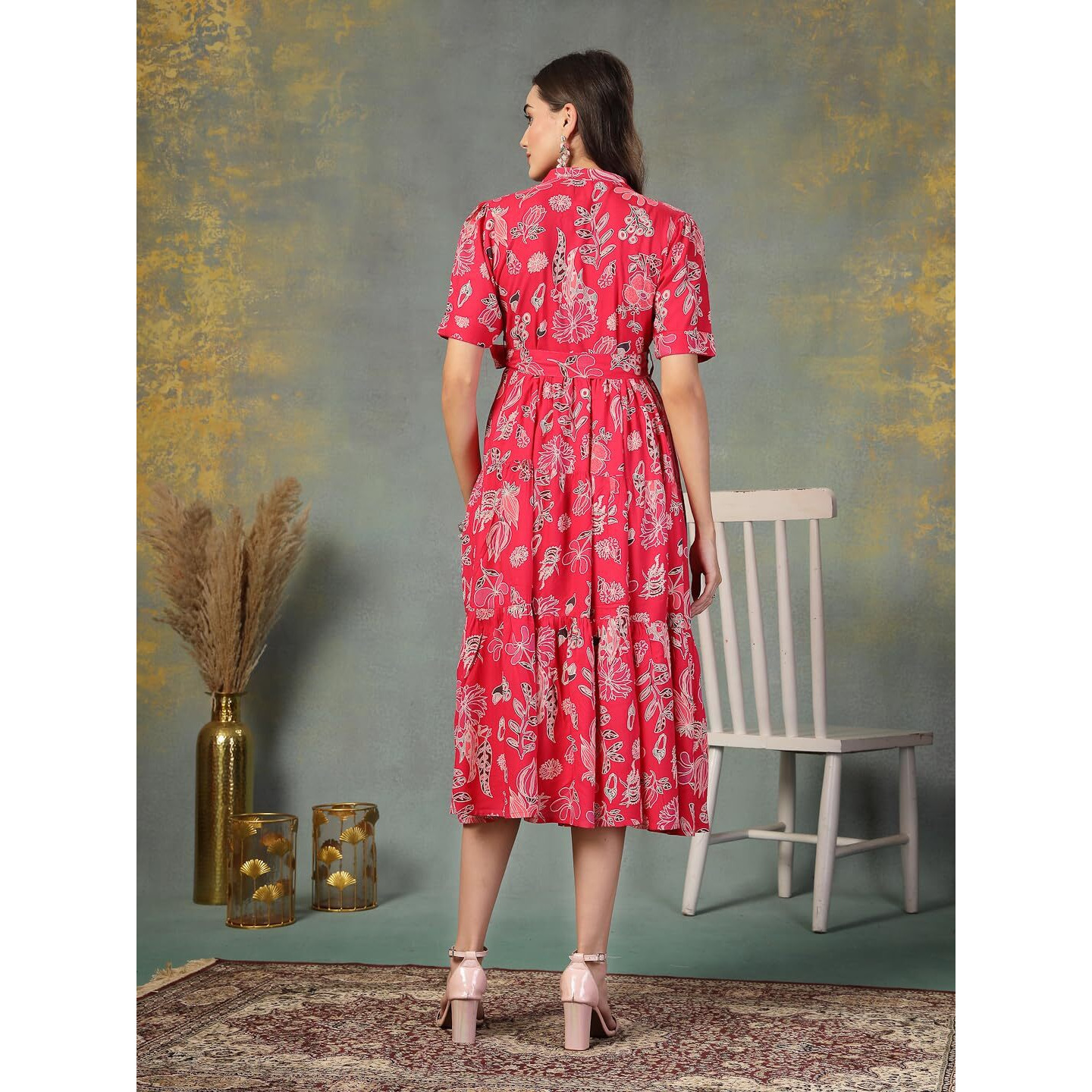 Stylum Women's Tropical Printed Rayon Tiered Dress (Drspinksomil40_Pink, L)