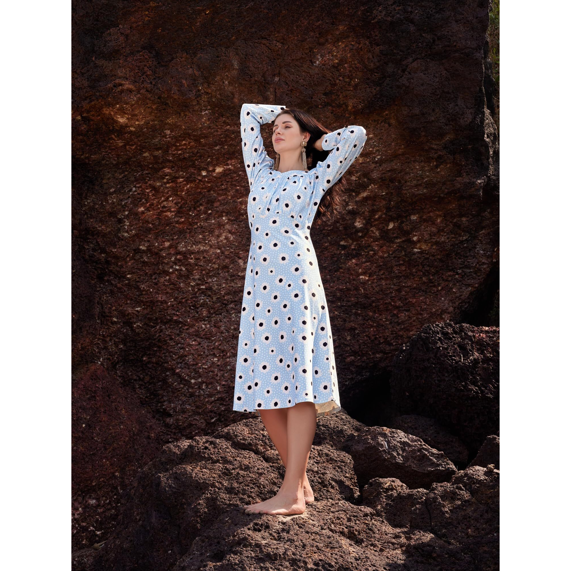 Purvaja Womens A-Line Midi Length Dress (Wini-011-Spider_Blue_Medium)