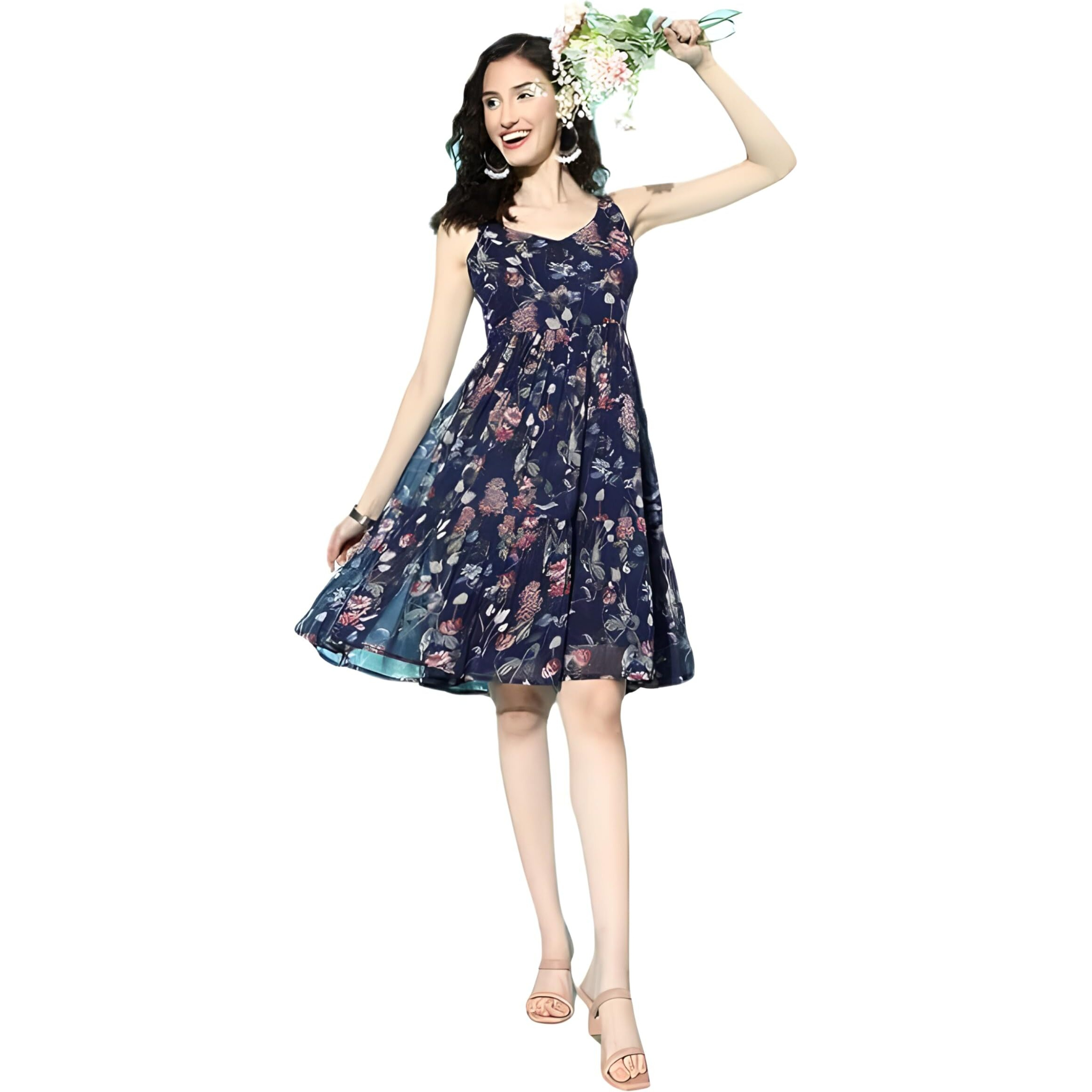 Varanga Women Navy Blue Floral Printed V-Neck Tiered Dress With Flared Hem  Elegant And Trendy Casual Wear